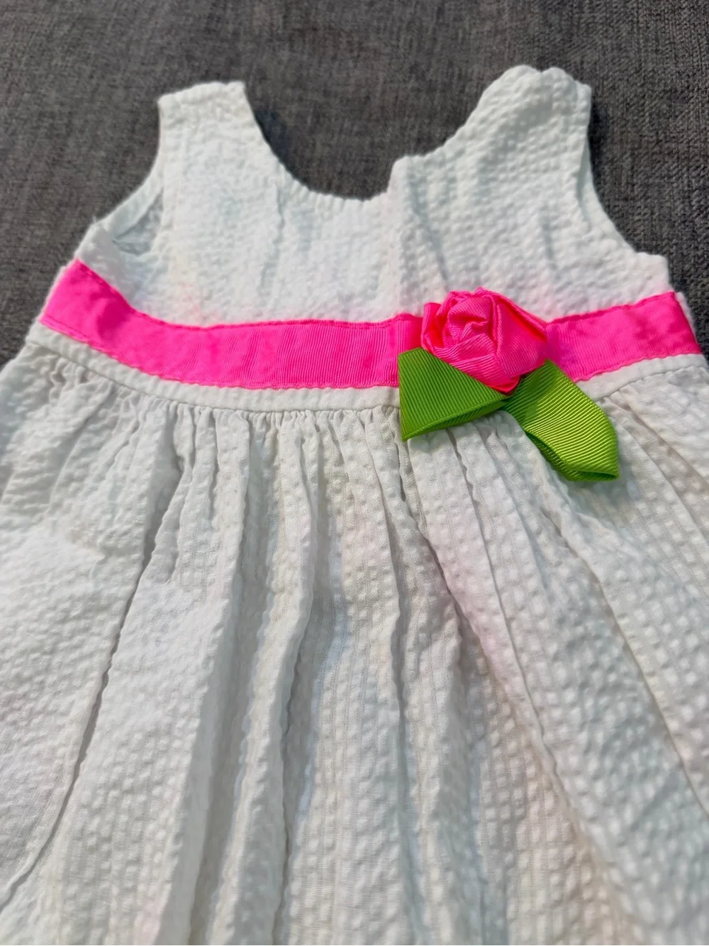 BlueBeri Boulevard White Seersucker Dress Orange Lime Pink Neon Trim size 12m